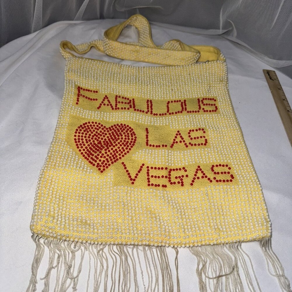 Vintage 60’s 70’s Vegas Souvenir Beaded Fringe Purse Yellow Red 12”